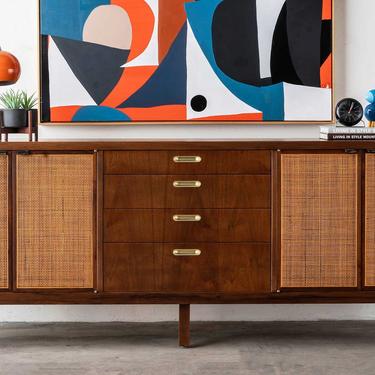 Founders &quot;Patterns 9&quot; Walnut & Cane Mid-Century Modern Credenza 