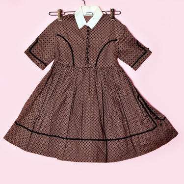 Unused - Vtg Little Girls Cotton Dress, 1950's Vintage Baby Dress Full Skirt, New WITH TAGS, Fit &amp; Flare, Brown Party Dress Bow Tie, Toddler 