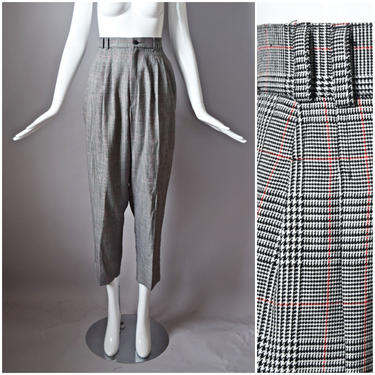 vtg 90s Fundamental Things high waist gray woven houndstooth red pinstripe pleated trouser dress pants | retro old school 1990s lightweight 