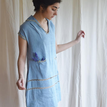 1920s Periwinkle Blue Linen Tunic Dress | Vintage Linen Day Dress 