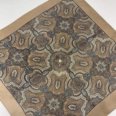 1970'S SILK Scarf - Traditional Paisley Pattern - Tan & Navy - LIBERTY Brand - Made in England - 27 x 27 inches 