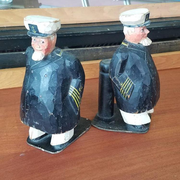                   "Old Skipper" Maritime Bookends. Carved Wood