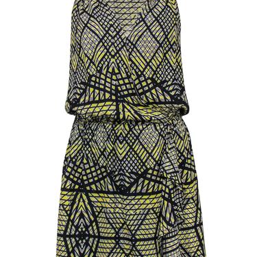Parker - Yellow & Black Patterned Silk Wrap Dress w/ Leather Trim Sz S