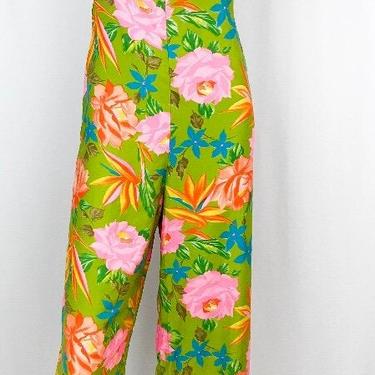 Bright 1960s Chartreuse Green Hawaiian Tropical Handmade Jumpsuit || Colorful || Overalls || Size XS/S by CelosaVintage