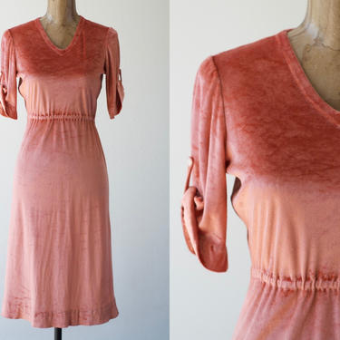 60s 70s Vintage CRUSHED VELVET CORAL Pink Midi Dress, V-neck Neckline 3/4 Sleeve Button Tab Elastic Waist A-line Mod Boho Hippie Velveteen 