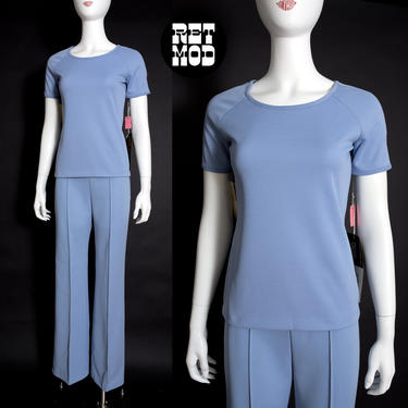 DEADSTOCK Lovely Vintage 60s 70s Blue Basic Polyester T-Shirt Top by Russ 