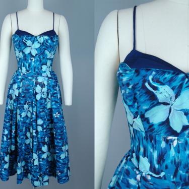 1950s Deadstock Hawaiian Dress with Bolero | Vintage 50s Blue Floral Watercolor Print Full Skirt Dress | small 