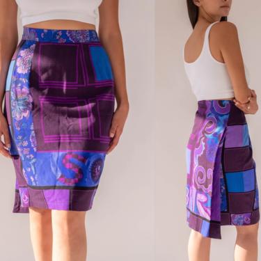 Vintage 80s Gianni Versace Vibrant Purple Floral & Text Print Wool Gabardine Faux Wrap Skirt | Made in Italy | 1980s Versace Designer Skirt 