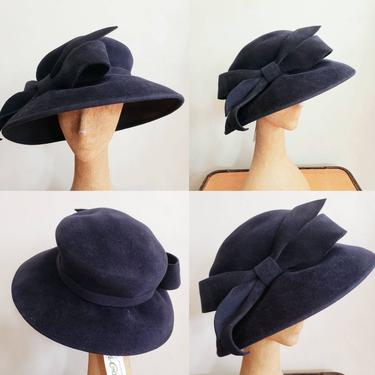 80s Does Edwardian Black Hat with Bow Frank Olive Deadstock New with Tags / 1980s Wide Brimmed Hat NOS New Old Stock / Marlie 