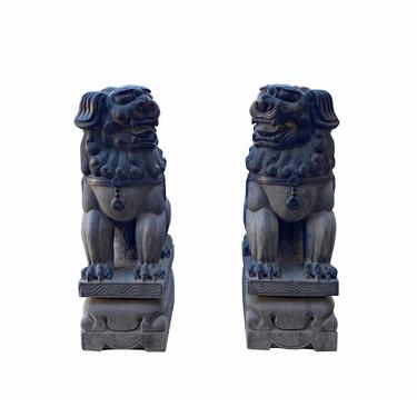 Chinese Pair Black Gray Stone Fengshui Foo Dog Statues cs6987E 