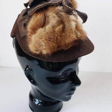30s 40s Brown Wool Blonde Mink Fur Cocktail Hat Belaire Modes California with Sequined Bauble Old Hollywood 