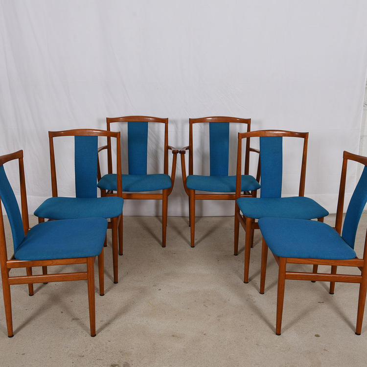 Set of 6 Danish Modern Blue Upholstered Teak Sculpted-back Dining Chairs