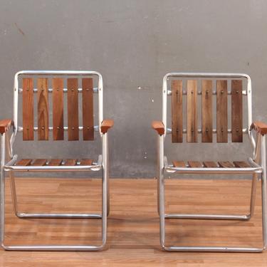 Retro Slatted Wood &amp; Aluminum Folding Lawn Chair