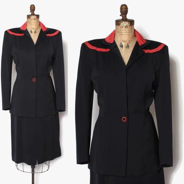 Vintage 40s 2-Tone Wool Gab Suit / 1940s Tailored Navy &amp; Red Gabardine Blazer Jacket and Pencil Skirt Set 