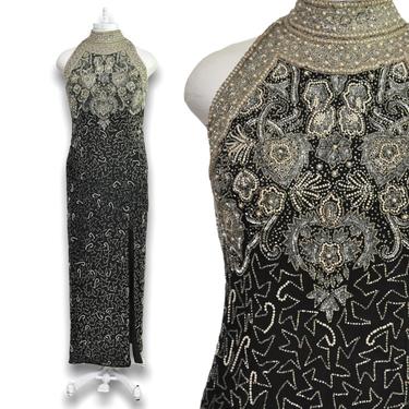 Vintage Black Full Length Beaded Evening Gown Dress 100% Silk Halter Formal Dress Size Large 10/12 