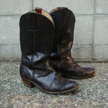Frye Cowboy Boots Distressed Vintage 1980s Black Brown Mens 10 1/2 D 