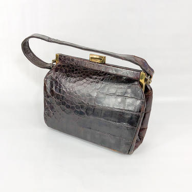 40s Alligator Leather Handbag | Dark Brown Alligator Handbag | Bellestone 