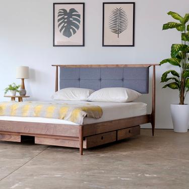 Custom Mid Century Upholstered Platform Bed, Hand Crafted Modern Storage Bed with Fabric or Leather Headboard, New Home Gift 