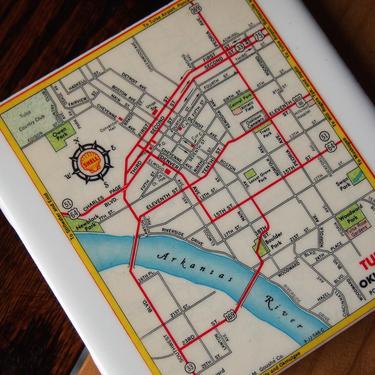 1962 Tulsa Oklahoma Vintage Map Coaster. City map coasters. Handmade drink coasters. 1960s map gift. Vintage barware. Shell road map. 