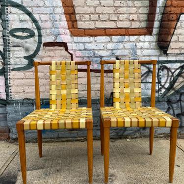 Vintage mid century modern American modern 1957 chair pair wood with woven leather tomlinson of high point 