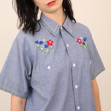 90s Embroidered Cambric Top/ Oversized Batiste Top/ Embroidered Cotton Chambray Shirt/ Adorable Vintage Button Up/ Cute Large Extra Large 