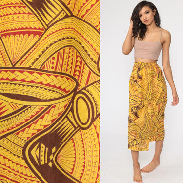African Skirt Boho Tribal Print Yellow HIGH WAISTED Midi Skirt 80s Long Vintage Hippie Festival Summer Skirt 1980s Small Medium 