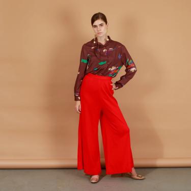 70s Bright Red Wide Legged Pants Vintage Bell Bottom High Waisted Trousers 