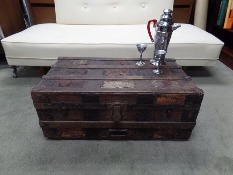 Antique low profile leather trunk