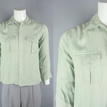 1950s Seafoam Green Shirt | Vintage 50s Rayon Gabardine Long Sleeve Shirt with Box Pleated Pockets | Medium 