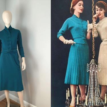 And The Lights Go Up - Vintage 1950s Dark Cerulean Turquoise Teal Blue Wool Cardigan/Skirt Set 