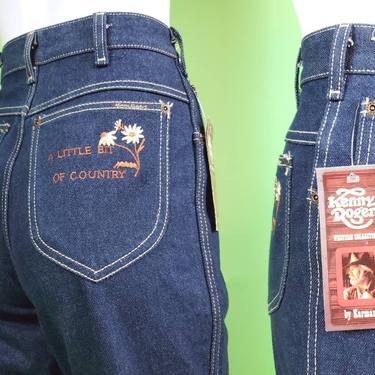 Deadstock 1980s Kenny Rogers jeans by Karman. Vintage novelty collectibles. Extra long. (25×36) 