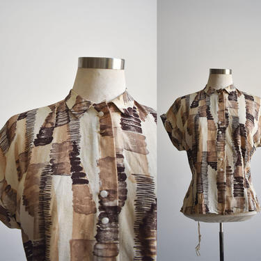 1940s Abstract Button Up Blouse 