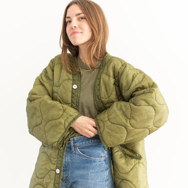 Vintage Green Liner Jacket White Buttons | Quilted Nylon Coat | 