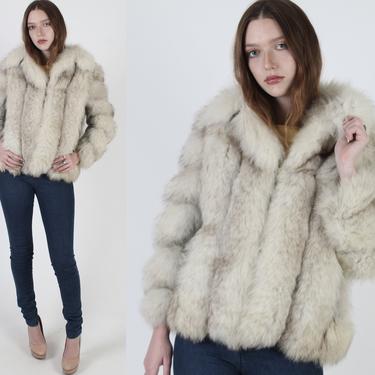 Cream Arctic Fox Fur Coat / Womens Real Fur Plush Jacket / Vintage 80s  Leather Panel Sides / Wide Chubby Striped Panels Sleeves 