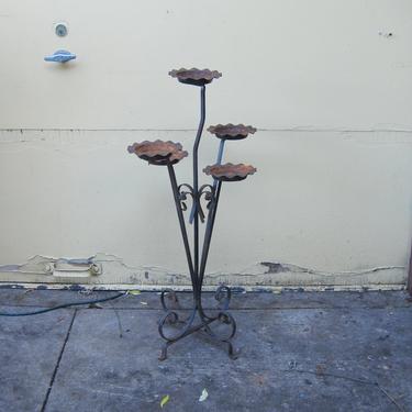 Vintage Mid Century Aged Weathered Wrought Iron Bouquet 5 Arm Ruffled Pie Pan Tiers Plant Stand on Ornate Bent Iron Base ~ African Violets 