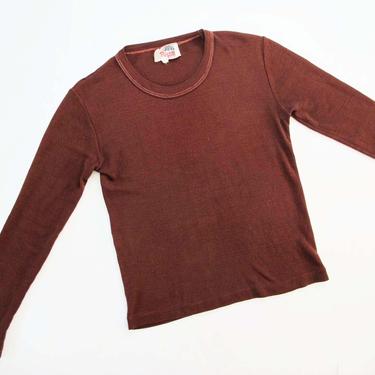 Vintage 70s Knit Long Sleeve Thermal Small - Dark Burgundy Red Scoop Neck Knit Shirt - Solid Color - Base Layer 