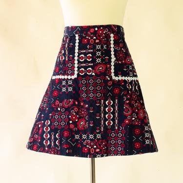 Handmade Paisley Corduroy Apron Skirt / Mod OOAK Red White Blue Vintage Folk Daisy Wrap with Pockets 60s 70s 