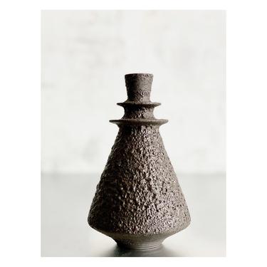 SHIPS NOW- 7&quot; Stoneware Double Flanged Reactor Mini Vase, glazed in Black Crater Volcanic Glaze by Sara Paloma Pottery.  black onyx bud vase 