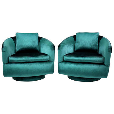 Milo Baughman for Thayer Coggin Emerald Green Velvet Swivel Lounge Chairs 
