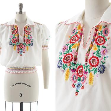 Vintage 1970s Peasant Top | 70s Floral Embroidered White Cotton Hungarian 1930s 1940s Style Folk Short Sleeve Blouse (small/medium) 