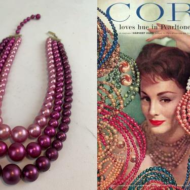 The Magnitude of Magenta - Vintage 1950s Magenta Ombre 3 Strand Faux Pearl Necklace 