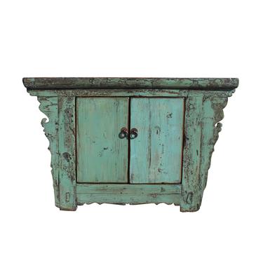 Chinese Rustic Wood Distressed Turquoise Green Side Table Cabinet cs5447S