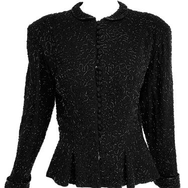 1930s Heavily Beaded Black Crepe Peplum Jacket