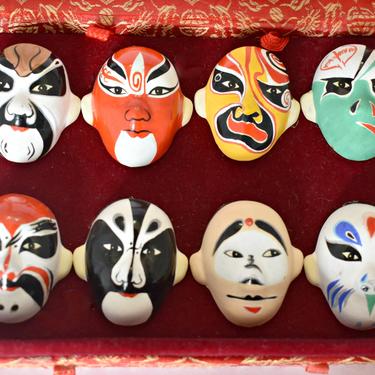 60's miniature clay Chinese opera masks collectible decor, eight unique hand painted Beijing ceramic theater masks mounted display boxed set 