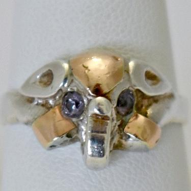 70's 18K 950 silver amethyst primitive elephant head size 8.75 good luck ring, abstract gold fine silver gemstones pachyderm ring 