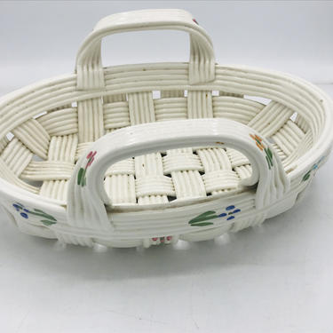 Vintage Off White Floral Painted Woven Ceramic  Bread Basket 