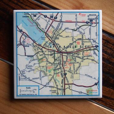 1981 Syracuse New York Vintage Map Coaster. Syracuse University. City map coasters. Handmade office décor. 1980s map. US travel gift. NY map 