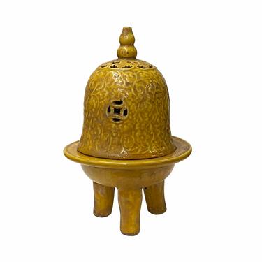 Chinese Yellow Mustard Rustic Ceramic Ding Incense Burner Display ws1801E 