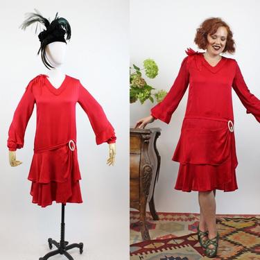 1920s RED silk dress vintage ruffled flapper dress xs | new winter 