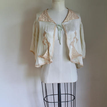 Vintage 1930s Cream and Mint Silk Bed Jacket / L 
